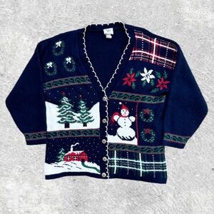 Snowman Wreath Ugly Christmas Vtg 1990s Nutcracker Cardigan Sweater Women’s (L)